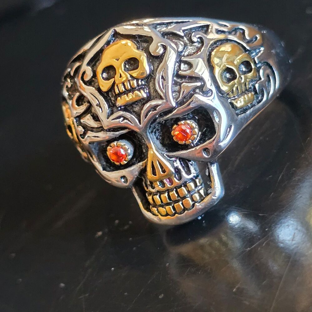 Gothic Skull Head Skeleton Biker Ring Size 16 Mens Stainless Steel Punk Rock